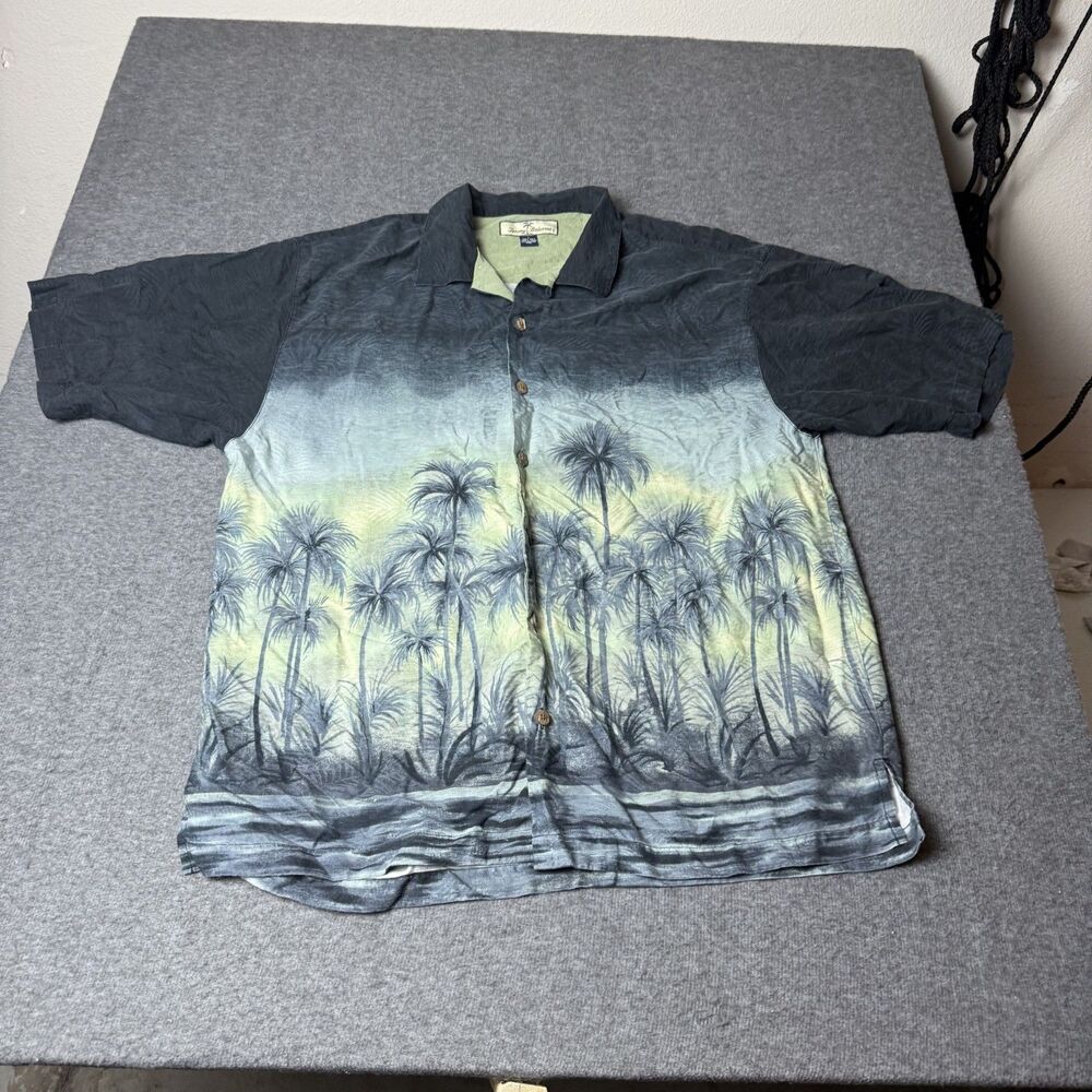 Tommy Bahama Mens Large Silk Beach Palm Leaf Print Hawaiian Camp Shirt Black